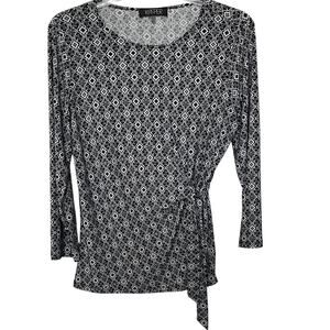 KASPER LONG SLV PULL-OVER ROUND NECK SIDE TIE BLOUSE, WOMENS, XL, BLACK/WHITE